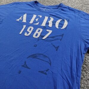 Aeropostale Shirt Mens L Blue Applique Aero NYC Spell Out Logo Casual Preppy Y2K
